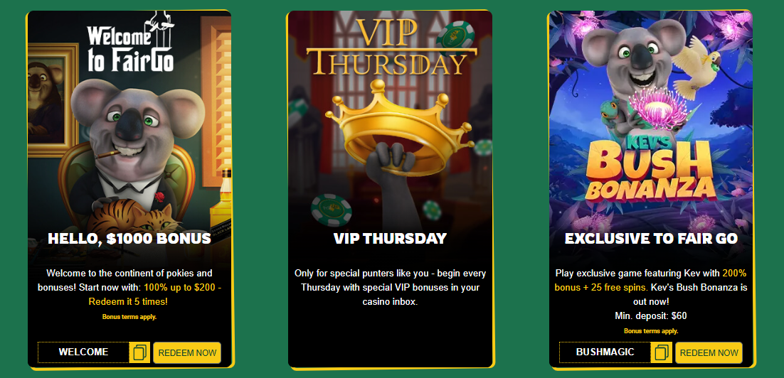 Fairgo bonus code WELCOME and BUSHMAGIC on the promotions page