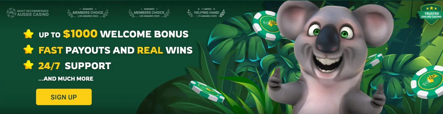 Fairgo online casino home page with $1000 welcome bonus